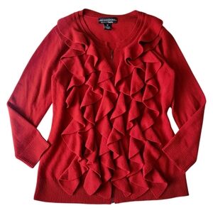 SofiaCashmere for Neiman Marcus Red 100% Cashmere Ruffle Cardigan Sweater Medium